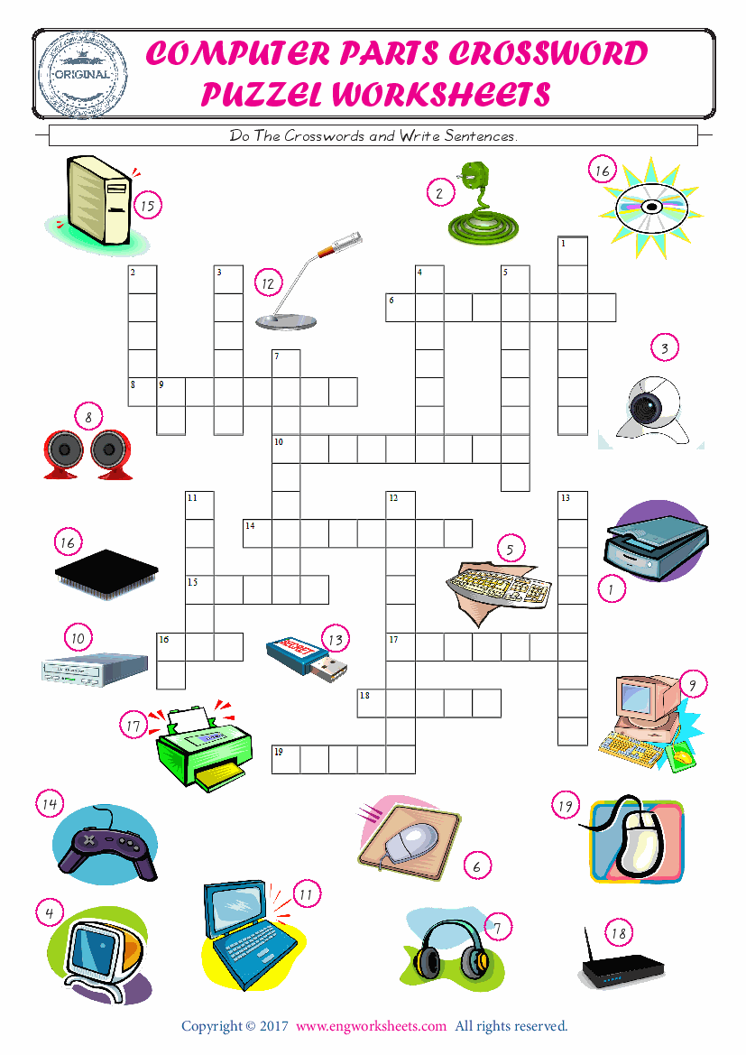  ESL printable worksheet for kids, supply the missing words of the crossword by using the Computer Parts picture. 